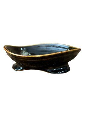 Handcrafted Ceramic Black & Golden Bowl With Abstract‎ Design Signed 9" Vintage